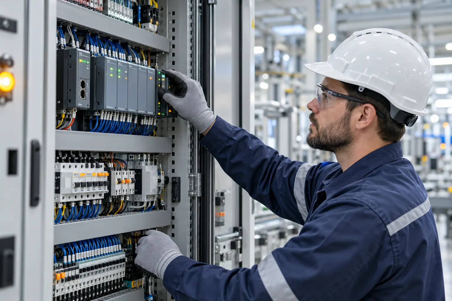 Técnico revisando un tablero moderno de automatización industrial
